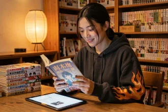 Jeune femme lisant un manga de fantasy japonaise à son bureau entouré de volumes de manga en VF