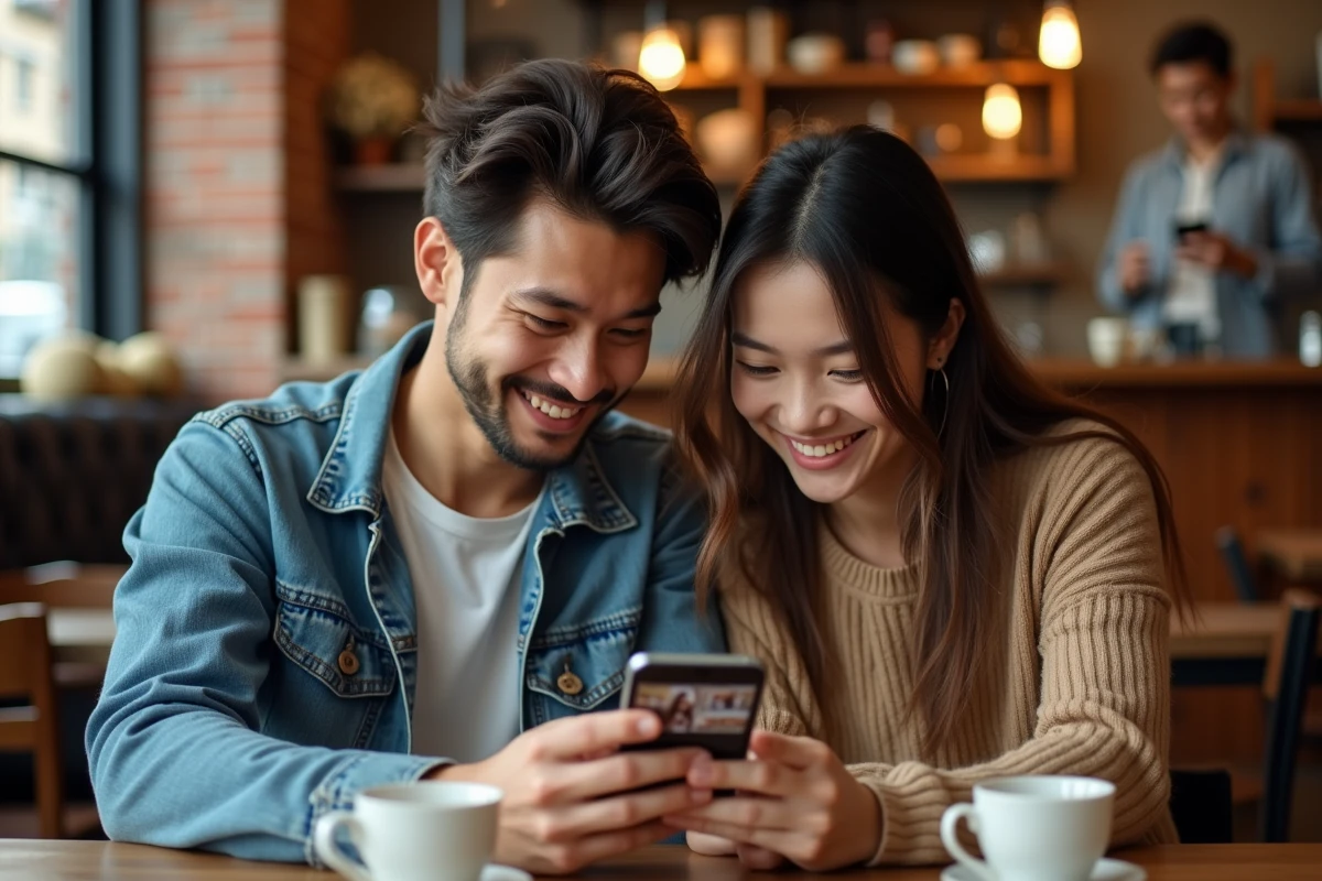 Deux jeunes adultes lisant des scans de manga sur smartphone dans un café, illustration de la lecture en ligne sur site légal