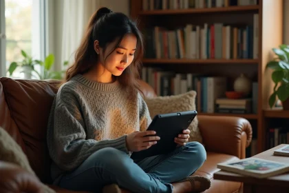 Jeune femme lisant des scans de manga sur une tablette dans son salon, entourée de livres et de volumes de manga