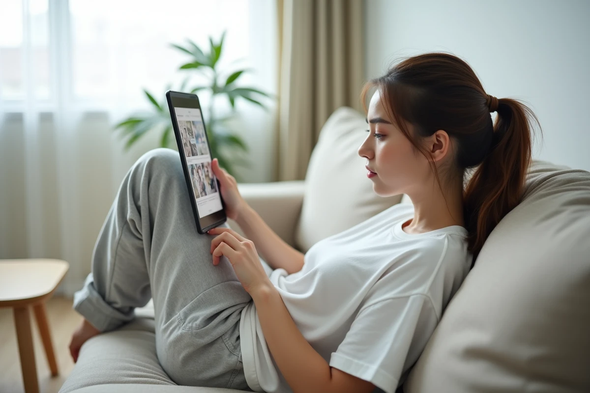 Jeune femme lisant des scans de manga sur une tablette allongée sur un canapé dans un salon minimaliste moderne