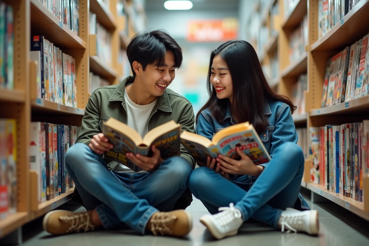 Deux jeunes adultes feuilletant des volumes de manga Blue Lock dans une librairie spécialisée manga avec des rayonnages remplis