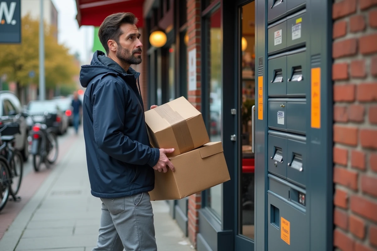 Homme avec colis près d’un casier de livraison en ville