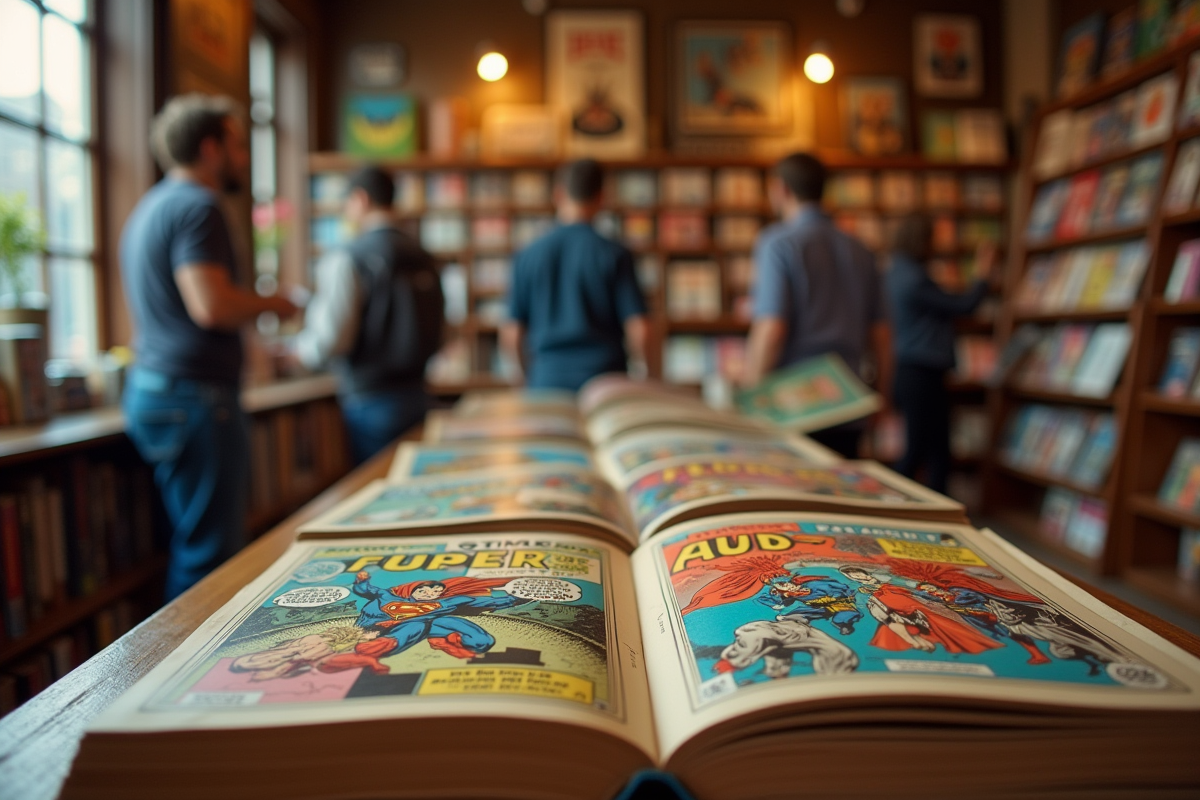 Magasin de bandes dessinées vintage avec héros célèbres