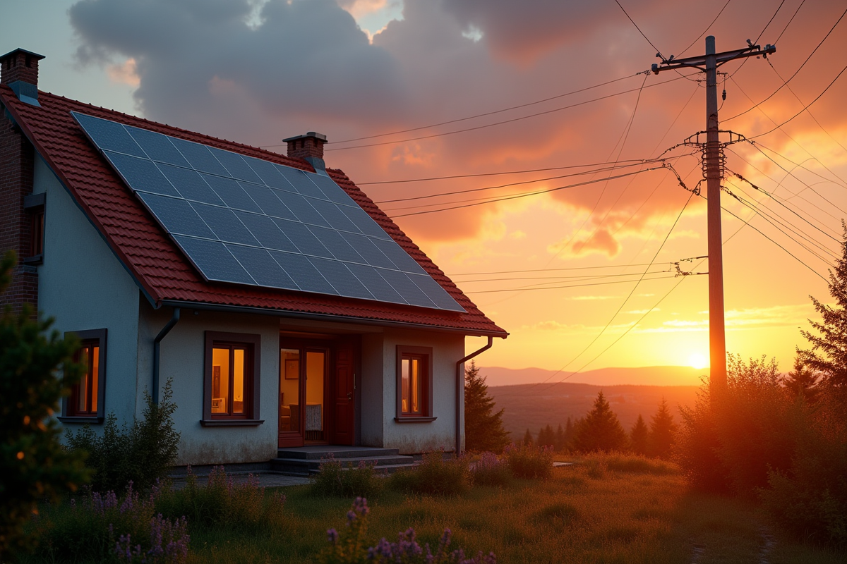 Maison avec panneaux solaires au coucher du soleil