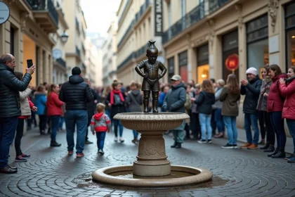 La célèbre statue du Manneken Pis à Bruxelles entourée de touristes en train de la photographier dans la rue pavée