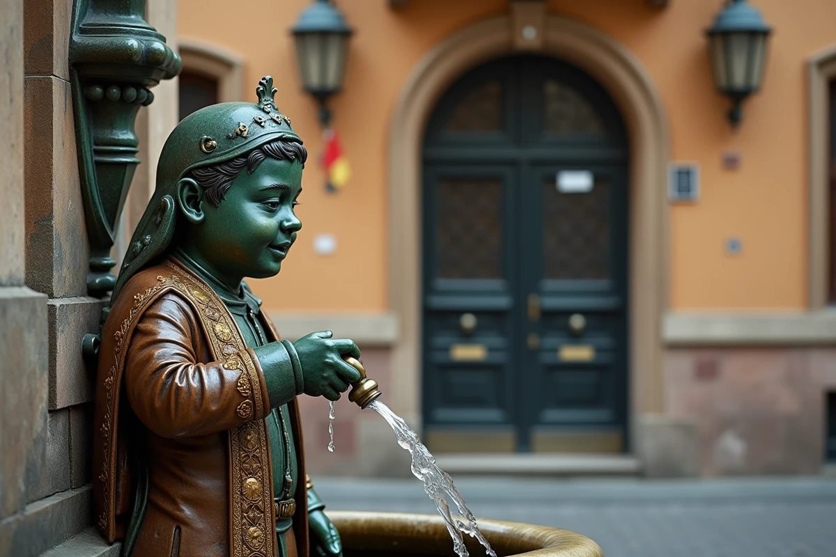 Gros plan sur la statue en bronze du Manneken Pis montrant la patine et les détails de son costume cérémonial brodé