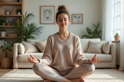 Femme méditant paisiblement dans un intérieur calme
