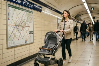 Mère poussant une poussette dans un couloir du métro parisien en consultant le plan de ligne