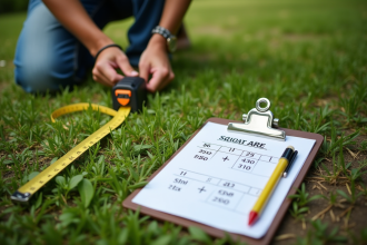 Personne mesurant un jardin avec une bande de mesure