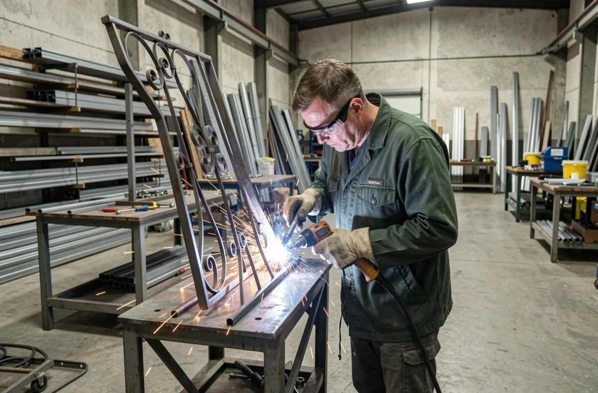 Artisan de la Métallerie Serrurerie Arsac soudant un portail en fer forgé dans un atelier industriel en Haute-Loire