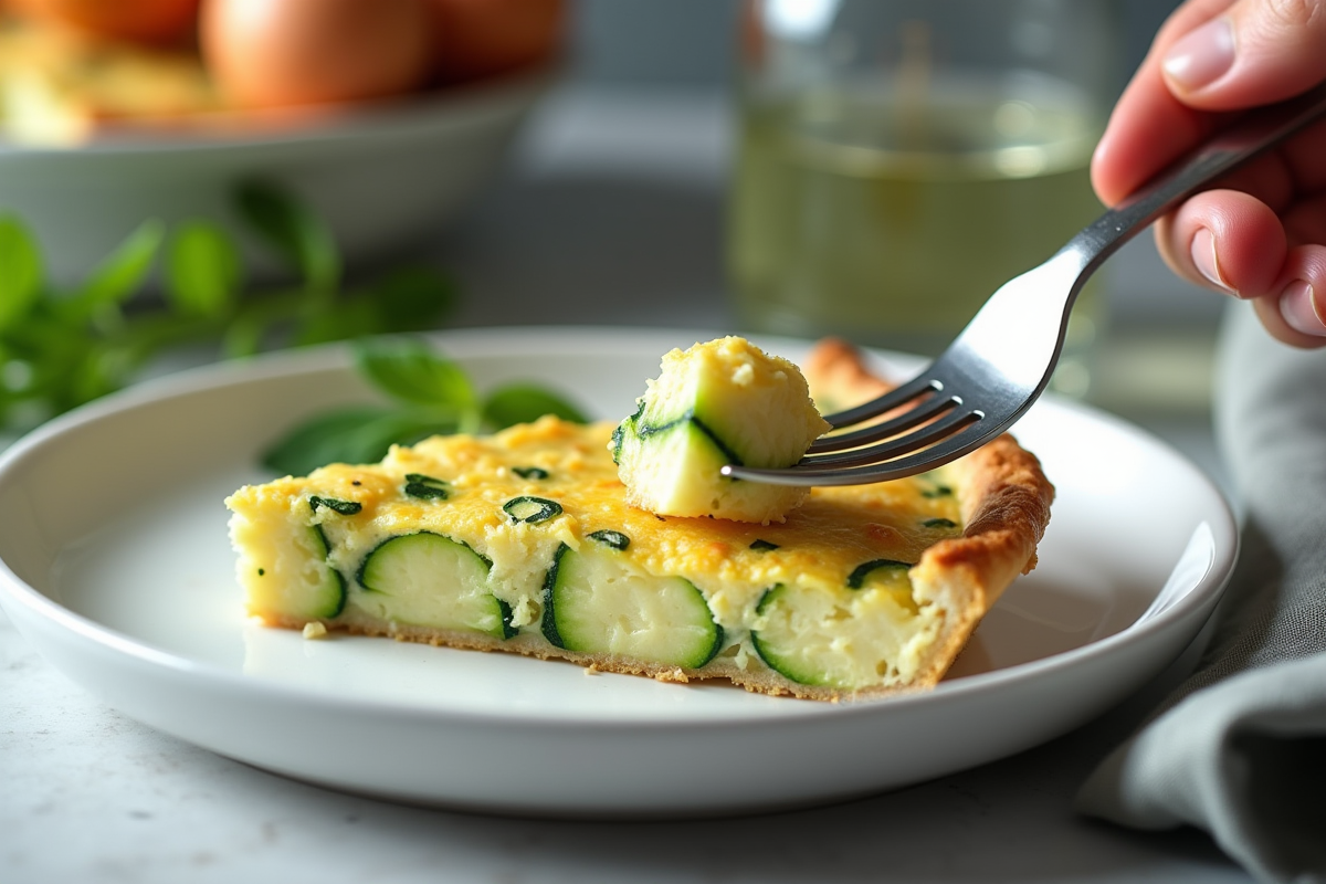 Mains tenant une fourchette avec une part de quiche courgette dans une assiette blanche