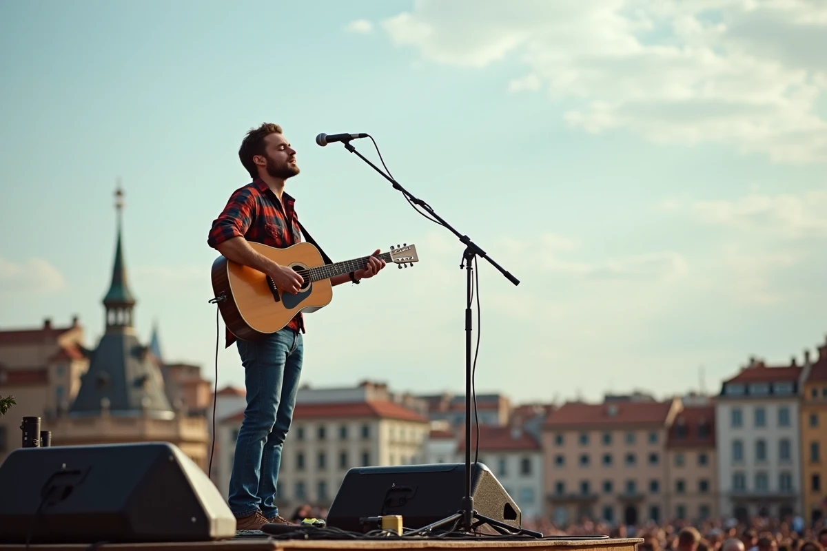Musicien jouant de la guitare acoustique sur une scène de festival en plein air à Lyon