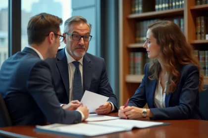 Notaire expliquant des documents &agrave; un jeune couple dans son bureau