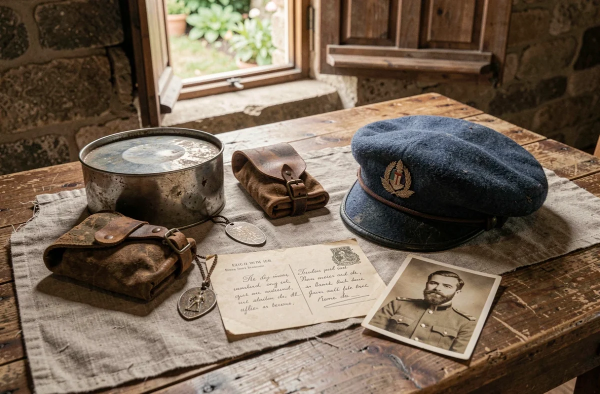 Objets authentiques poilu Première Guerre mondiale mess tin cartouchière carte postale tranchée collection historique
