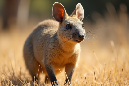 Aardvark en plein jour sur herbe sèche avec museau impressionnant