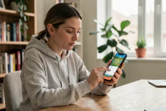 Femme consultant les paramètres de son compte sur une application de jeu mobile type Monopoly GO sur smartphone