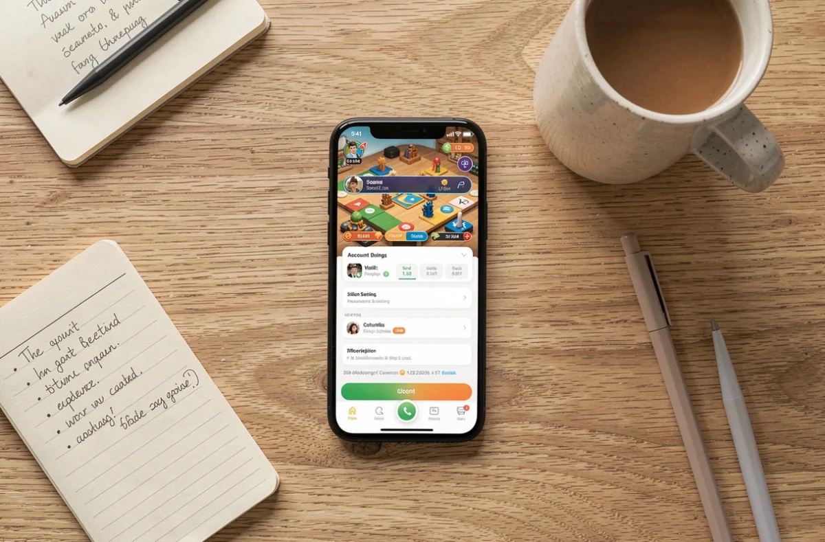 Vue de dessus d'un smartphone affichant les paramètres d'un compte de jeu mobile Monopoly GO sur un bureau en bois