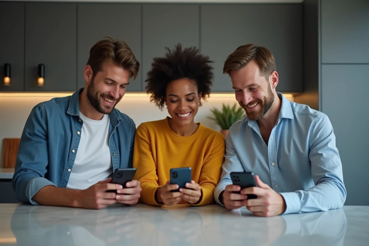 Groupe d'amis comparant le partage d'abonnement YouTube Premium sur leurs smartphones dans une cuisine moderne