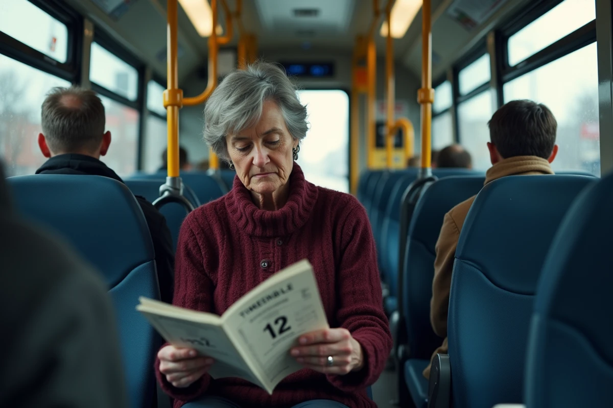 Passagère lisant les horaires du bus 172 à l'intérieur d'un bus en circulation