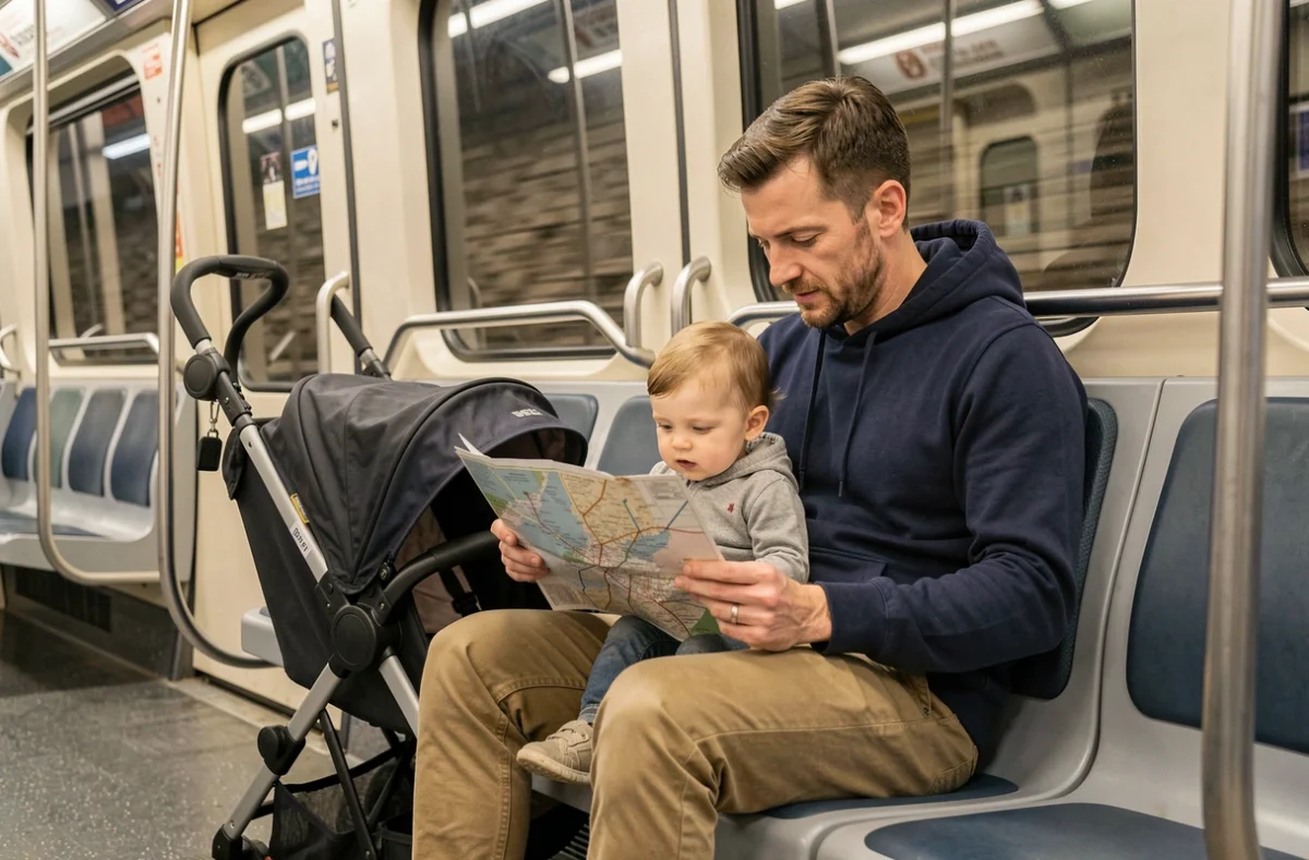Père et enfant en bas âge consultant un plan du métro parisien dans une rame moderne
