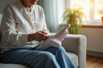 Personne agee assise sur un canapé lumineux vérifiant son pied diabétique
