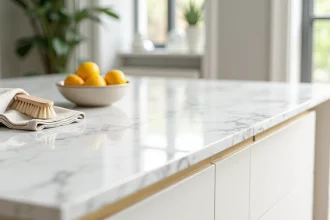 Plan de travail en marbre blanc de Carrare avec veinures grises dans une cuisine moderne, accessoires naturels et entretien quotidien
