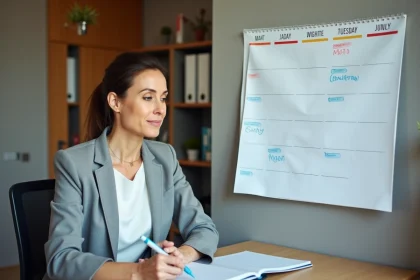 Femme professionnelle planifiant ses horaires de travail sur un calendrier mural avec semaines paires et impaires en 2026