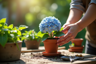 Mains de jardinier plantant une hydrangea dans un pot en terre cuite