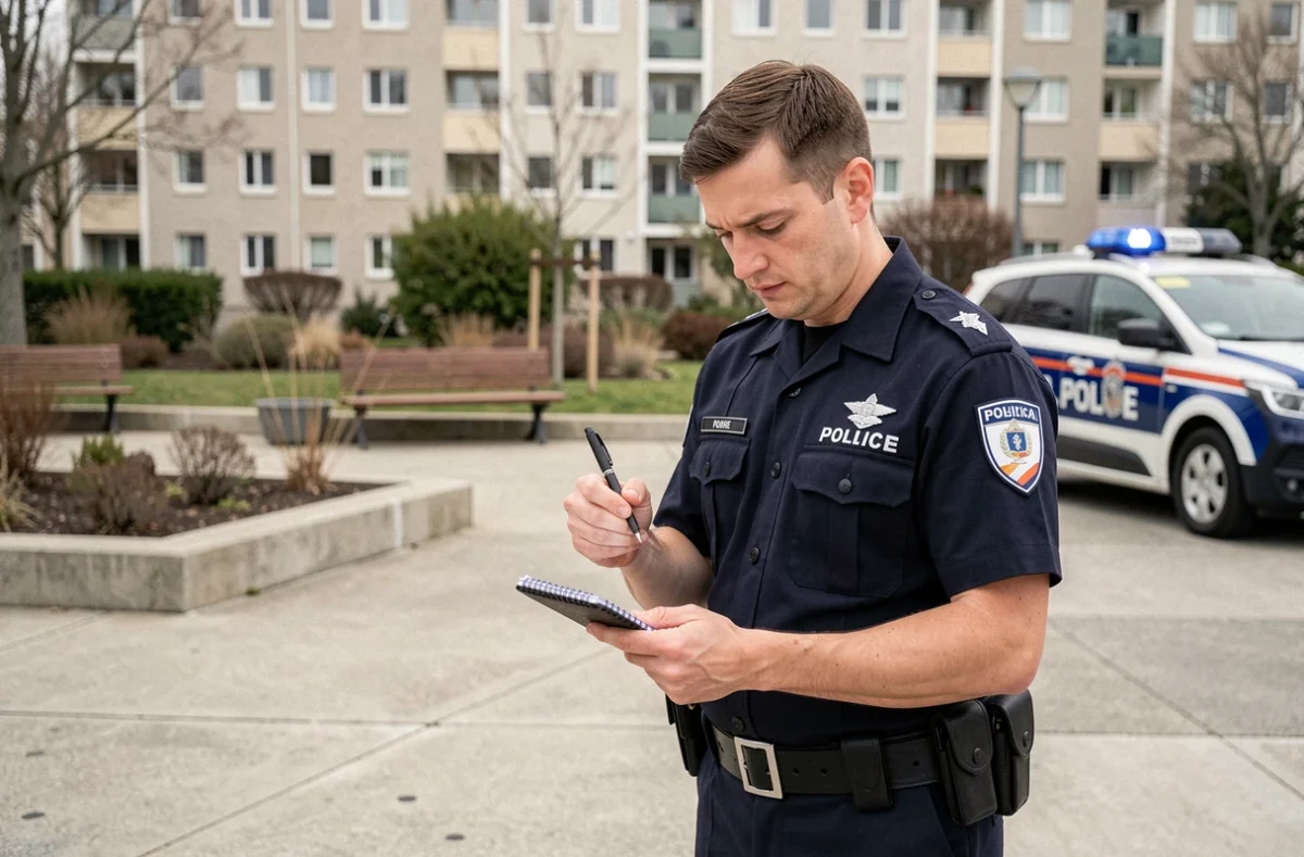 Agent de police municipale en patrouille dans une place publique d'un quartier urbain français, carnet de notes en main