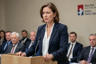 Femme politique française en conférence de presse, expression tendue derrière un pupitre institutionnel