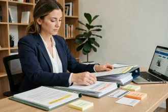 Femme organisant des documents douaniers sur un bureau en bois pour une saisie sur ProDouane
