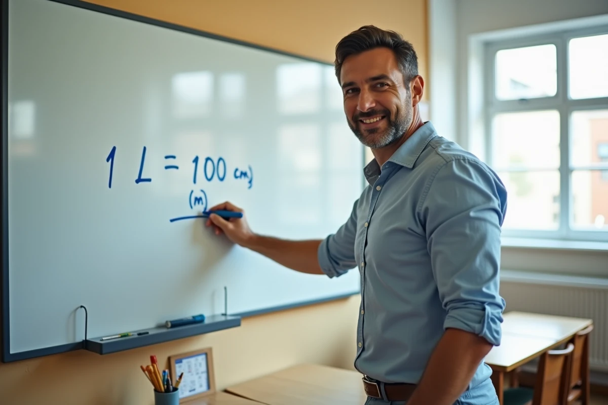 Enseignant masculin écrivant la formule de conversion 1 L égale 1000 cm3 sur un tableau blanc dans une salle de classe, pédagogie sur les unités de volume
