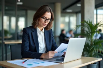 Professionnelle analyste intermédiaire étudiant des données récentes dans un bureau moderne en open space