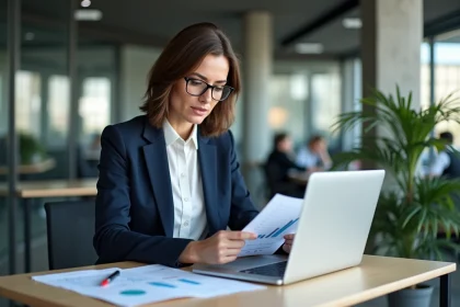 Professionnelle analyste intermédiaire étudiant des données récentes dans un bureau moderne en open space
