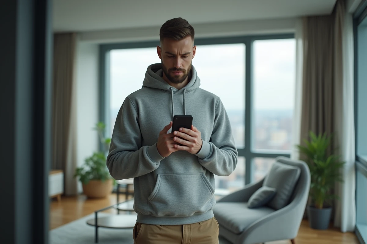 Homme protégeant son téléphone dans un appartement moderne, symbolisant la confidentialité des rencontres en ligne