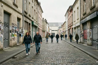 Rue commerciale dégradée d'un quartier sensible d'une ville industrielle française, commerces fermés et graffitis visibles