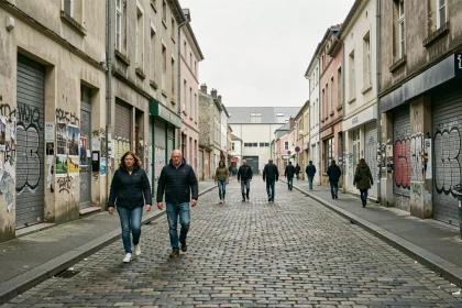 Rue commerciale dégradée d'un quartier sensible d'une ville industrielle française, commerces fermés et graffitis visibles