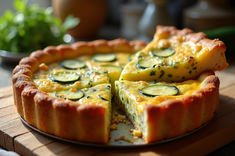 Quiche courgette fraîche tranchée avec croûte dorée sur table en bois