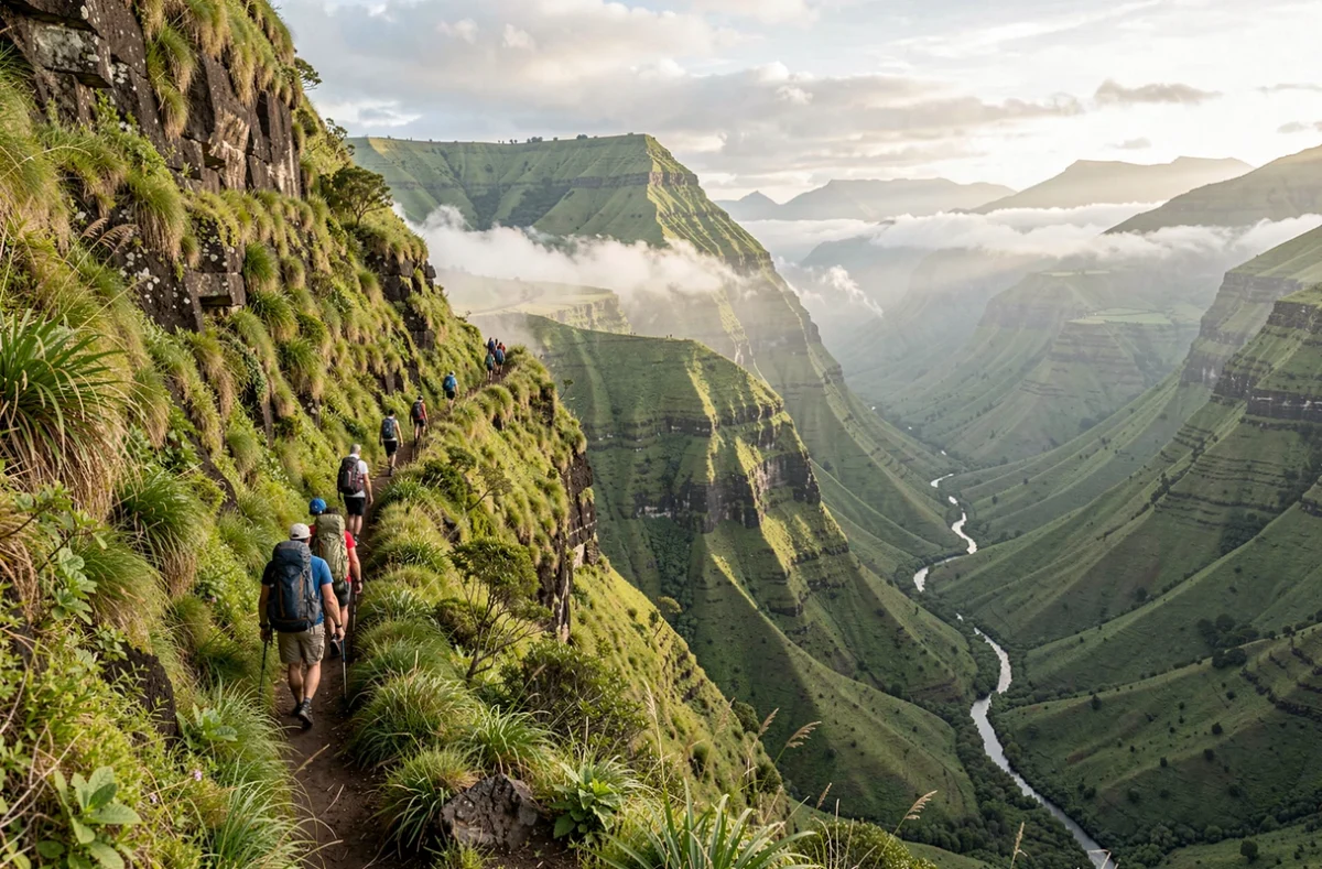 Randonneurs sur un sentier dans un cirque de La Réunion