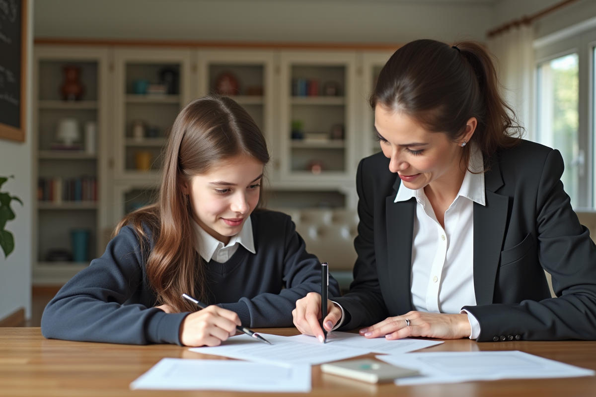 Femme et adolescente examinent des documents dans le salon