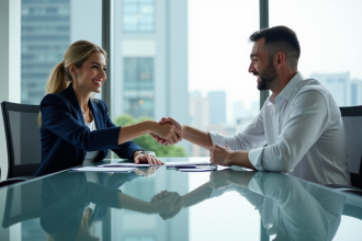 Deux professionnels se serrant la main dans une réunion moderne