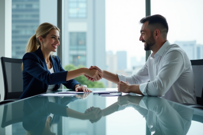 Deux professionnels se serrant la main dans une réunion moderne