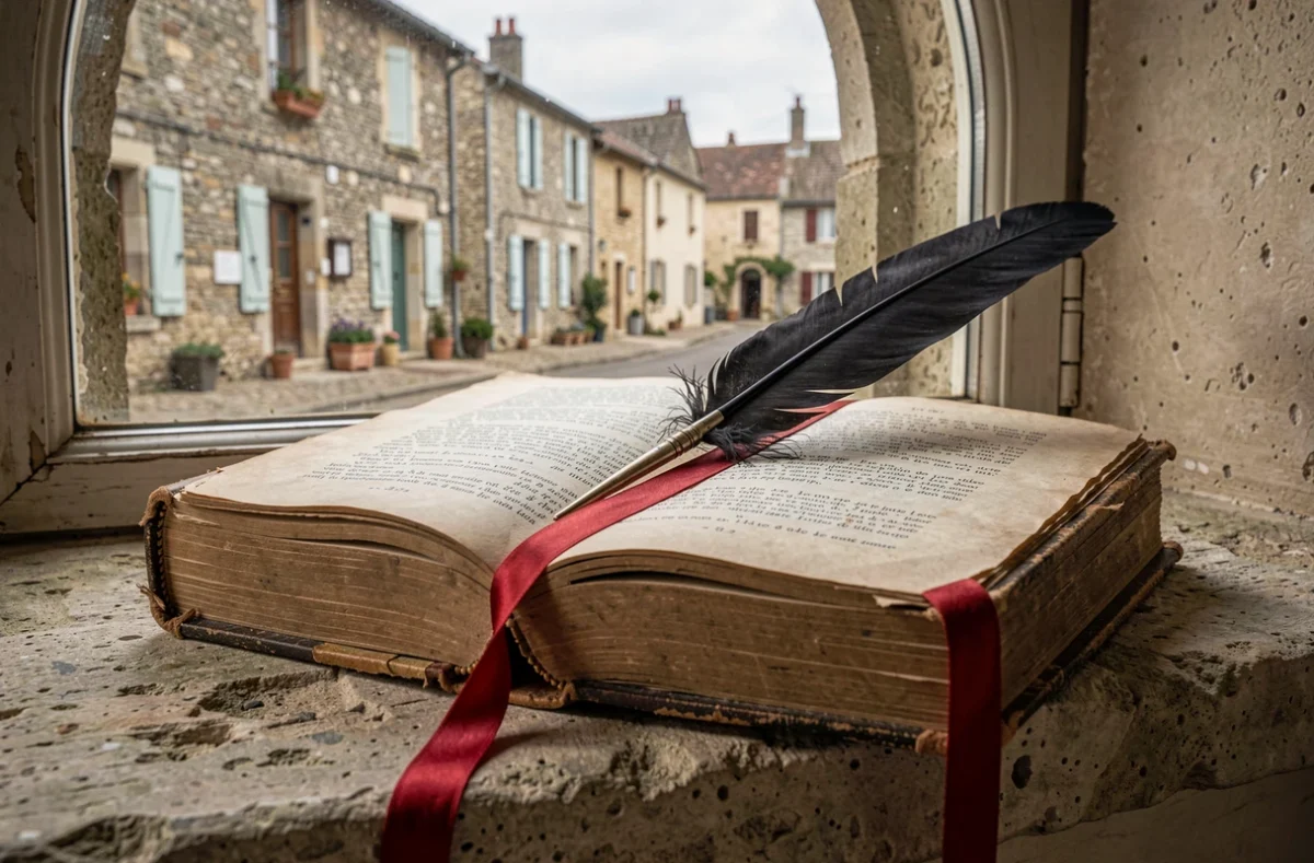 Exemplaire ancien d'un roman classique français ouvert sur un rebord de fenêtre en pierre avec un signet rouge et une plume noire, évoquant l'atmosphère du Rouge et le Noir de Stendhal dans une ville de province
