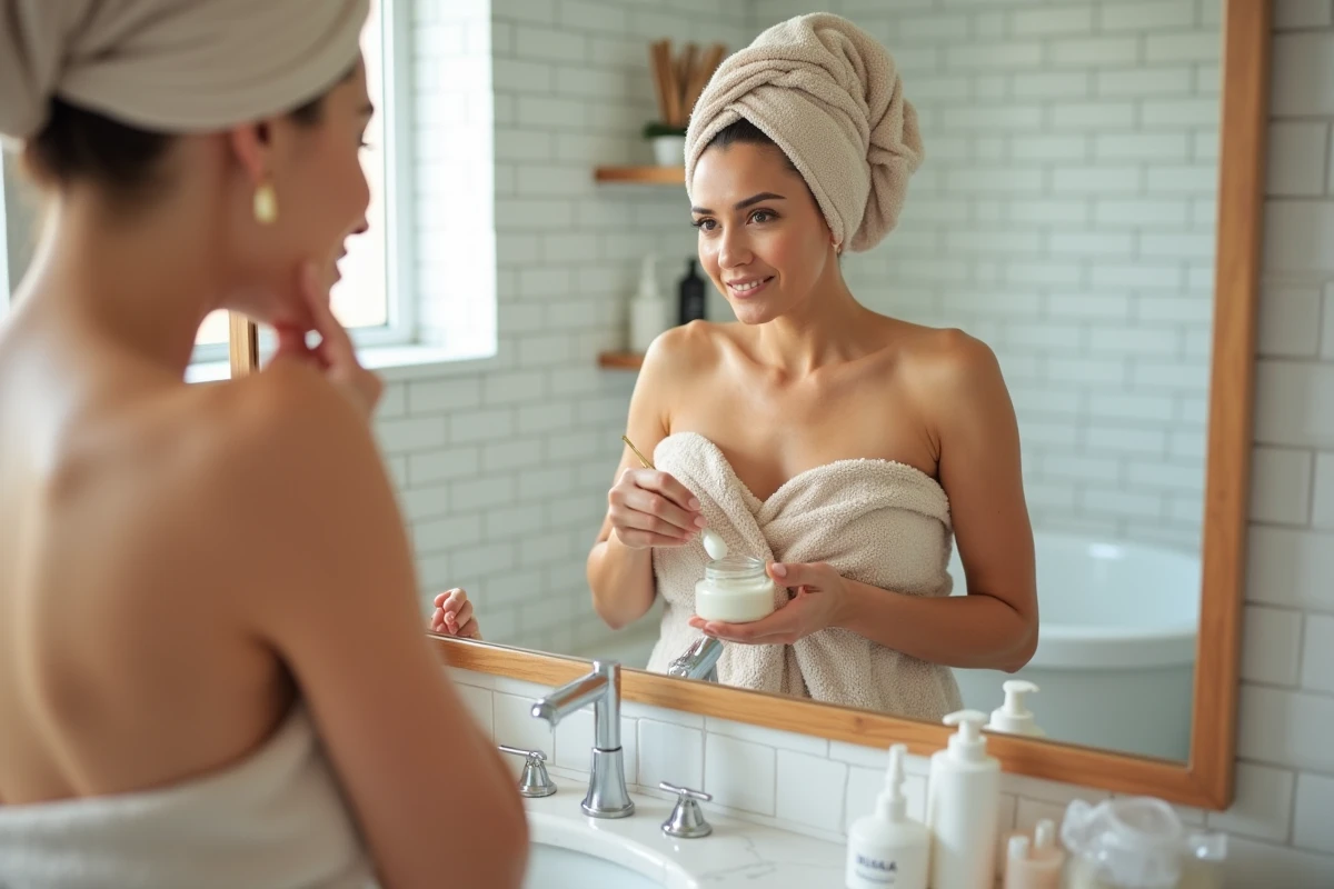 Femme appliquant une crème de soin visage dans sa salle de bain avec une routine beauté classique au quotidien