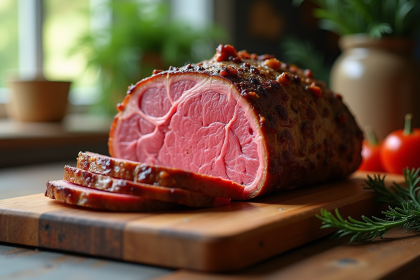 Rôti de boeuf rosé tranché sur planche en bois