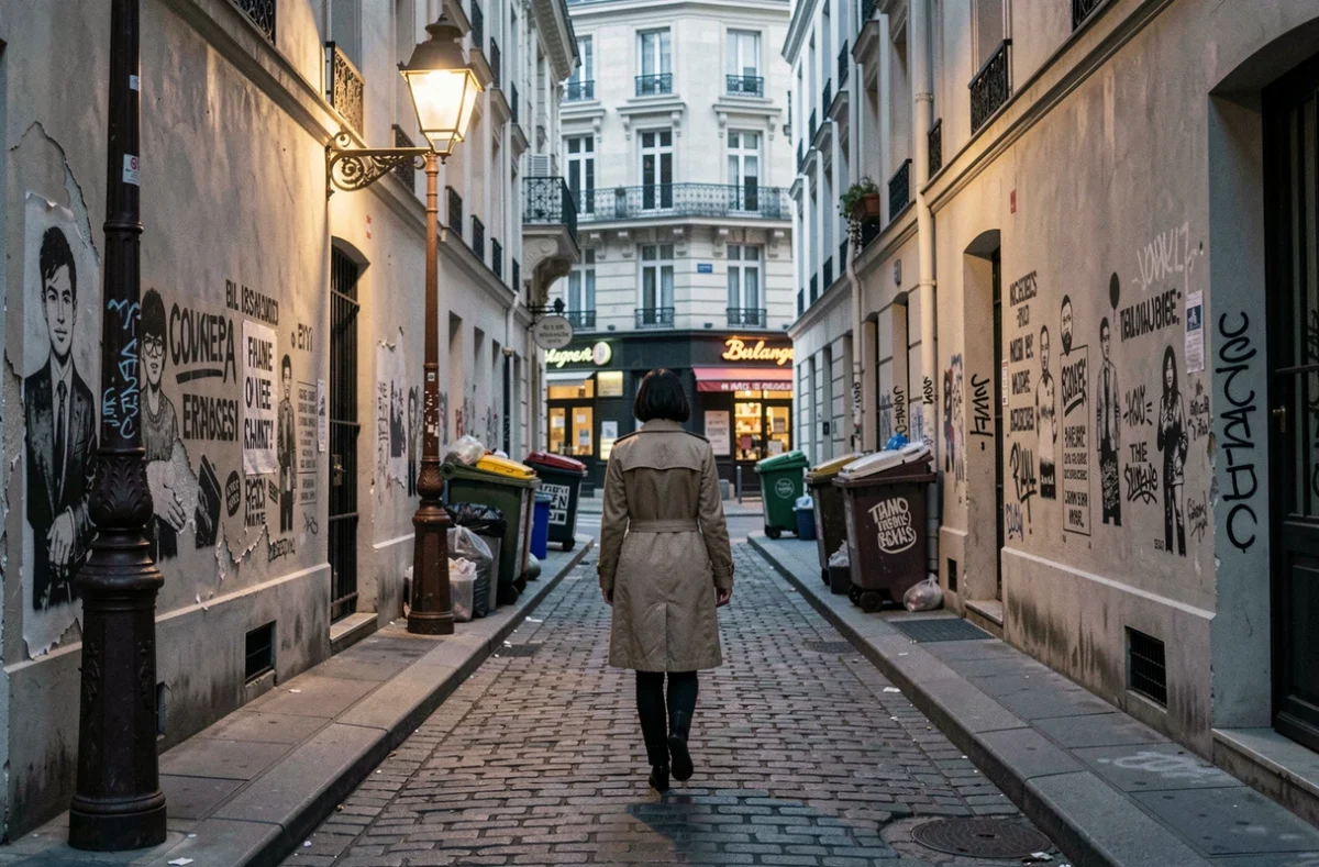 Ruelle pavée parisienne populaire au crépuscule avec une femme en imperméable vintage marchant de dos, atmosphère nostalgique évoquant les références sociales et urbaines de la chanson Lola de Renaud