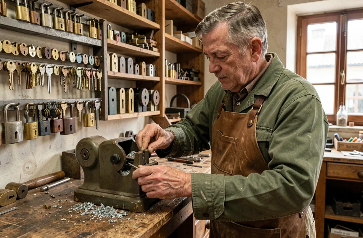 Artisan de la Serrurerie Bonhomme travaillant sur une machine à copier les clés dans son atelier traditionnel en Haute-Loire