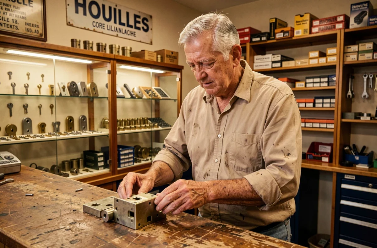 Serrurier expérimenté de la Serrurerie Raymond à Houilles examinant un mécanisme de serrure ancienne dans sa boutique