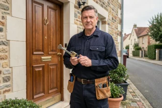 Serrurier professionnel en uniforme devant une porte résidentielle dans les Yvelines, tenant ses outils de serrurerie