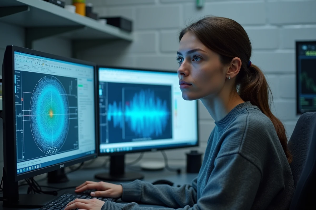 Étudiante en physique analysant une simulation de champ électrique incorrecte sur un logiciel spécialisé en laboratoire universitaire